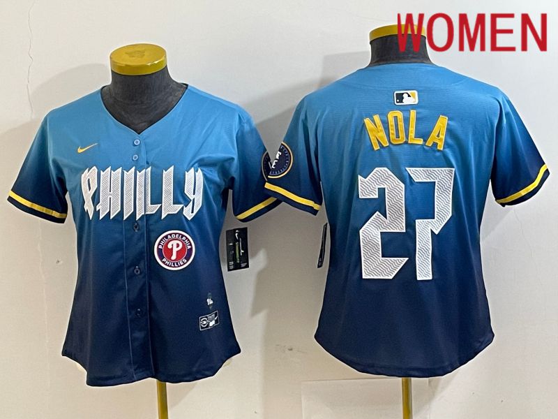 Women Philadelphia Phillies #27 Nola Blue City Edition Nike 2024 MLB Jersey style 2->women mlb jersey->Women Jersey